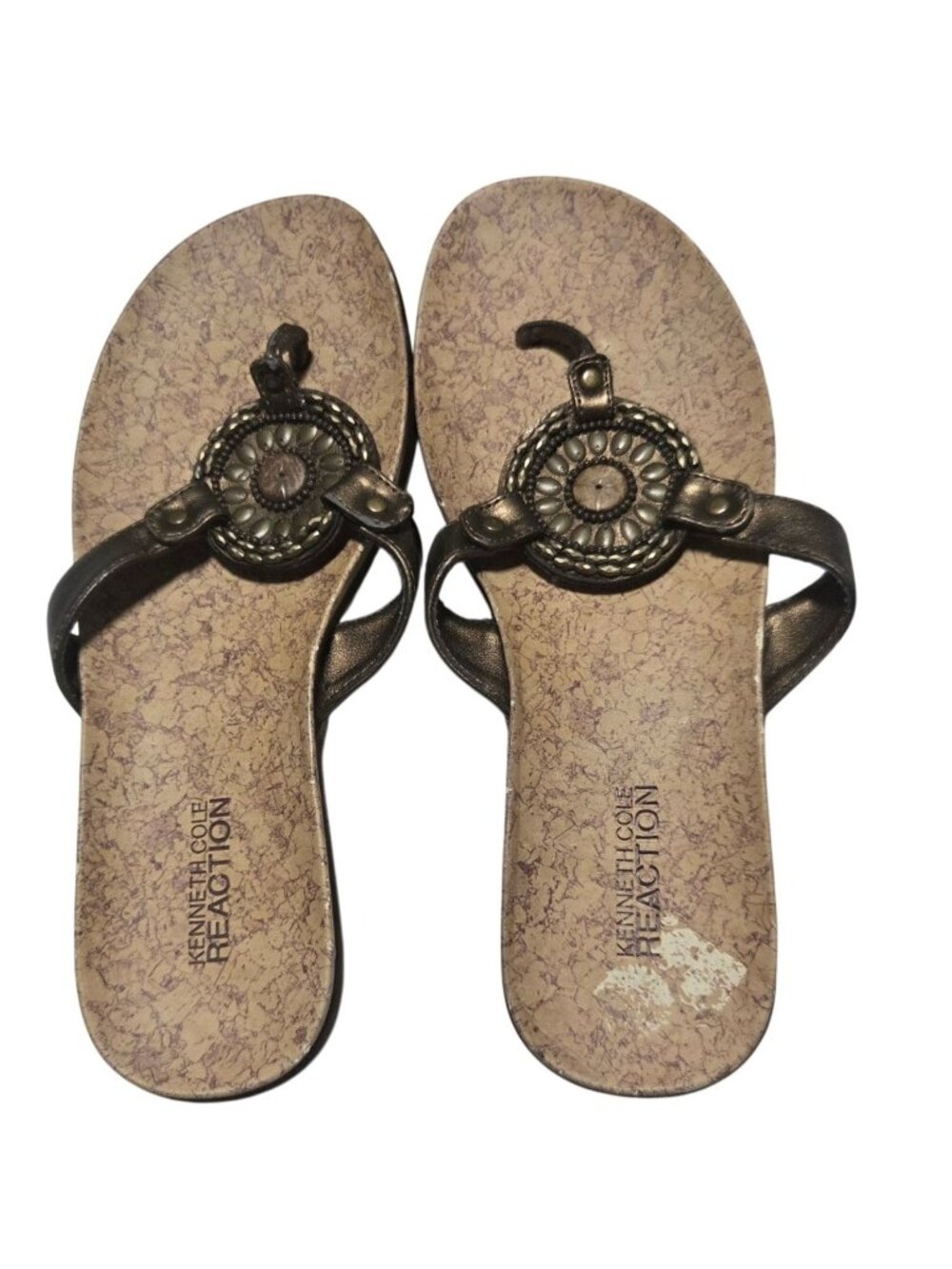 Kenneth Cole Reaction Thong Sandals Size 7 Bronze Beaded Cork Sole Concho Boho